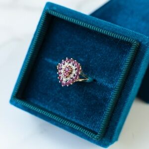 Vintage Cluster Tear Drop Ruby and Diamond Gold, 14K Size 7 Yellow Gold Ring